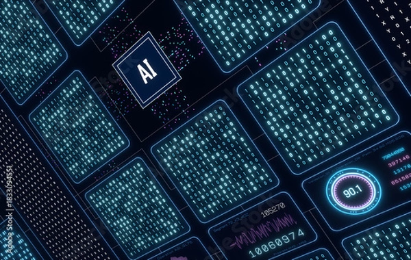 Obraz Futuristic AI artificial intelligence system, deep learning, big data, machine learning. Data processing, technology, science,  analyzing, connection, data stream, binary code. 3D illustration