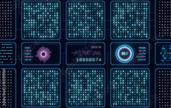 Obraz Data processing, deep learning, big data, binary code, machine learning. Technology, science, analysis, connection, data stream, encryption. 3D illustration