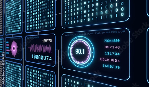 Obraz Data processing, deep learning, big data, binary code, machine learning. Technology, science, analysis, connection, data stream, encryption. 3D animation.