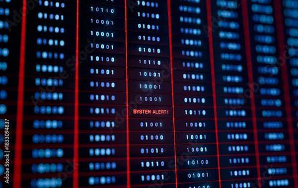 Obraz System alert, warning sign, datacenter, data processing, system failure, binary code, supercomputer, big data. Data problems, network security, cloud computing, server, damage, technology, safety.