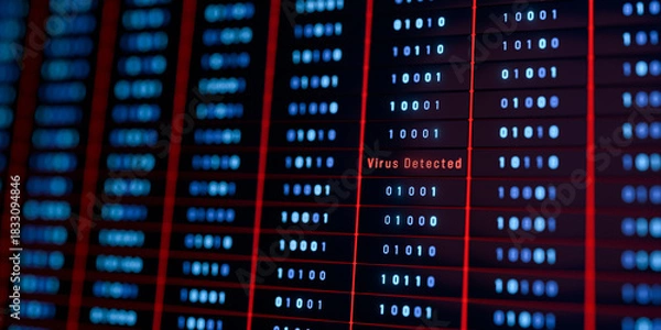 Obraz Virus detected warning sign, datacenter, data processing, computer virus, binary code, supercomputer, big data. System virus, network security, cloud computing, server, privacy, technology, safety.