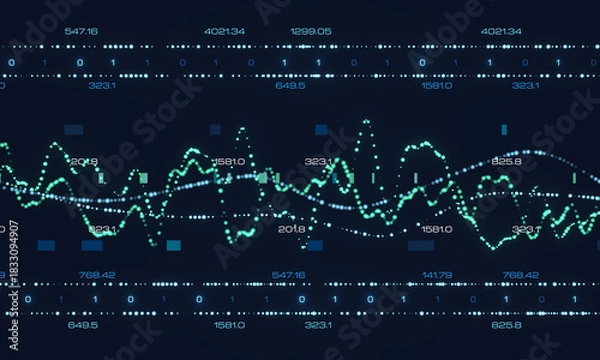 Obraz Abstract sine waves, noise, encrypted data, frequency, oscillator function, lines, science, and experimentation. Screen displaying laboratory data and sine curves, analysis, technology.