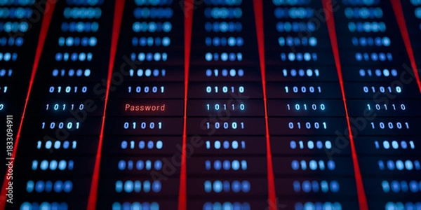 Obraz Password warning sign, datacenter, data processing, access denied, binary code, supercomputer, big data. System password, network security, unauthorized access, privacy, technology. 3D illustration