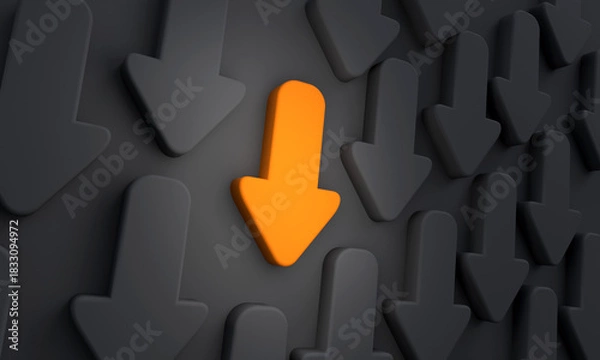 Obraz Orange arrow points downward surrounded be black arrows, same direction. Direction, decision, creative, arrow symbol, move down.