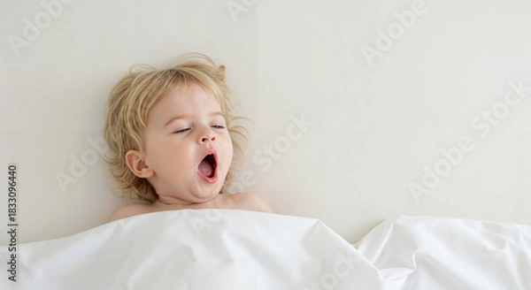 Fototapeta Baby yawning while lying in bed with white bedding  