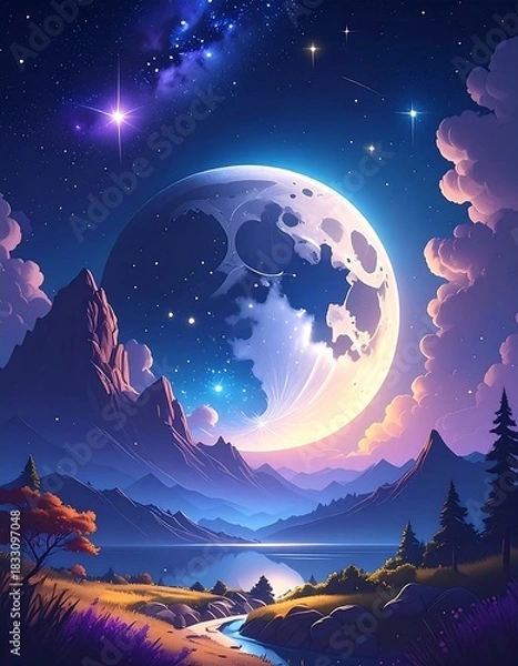 Obraz Dreamscape featuring a giant moon behind misty mountains, lake and field, under a starlit sky, dreamy and atmospheric