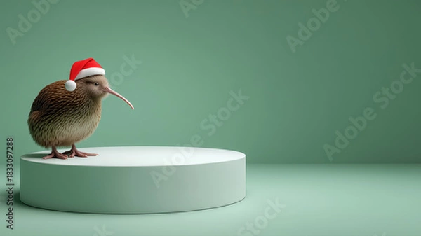 Obraz Cute kiwi bird wearing red Santa Claus hat sitting on empty circular white podium. Emerald green background. Stage for product display, presentation and branding. New Year winter December sale. 
