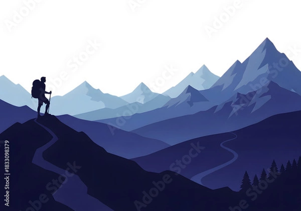 Fototapeta Lone hiker silhouetted against majestic snow capped mountain range