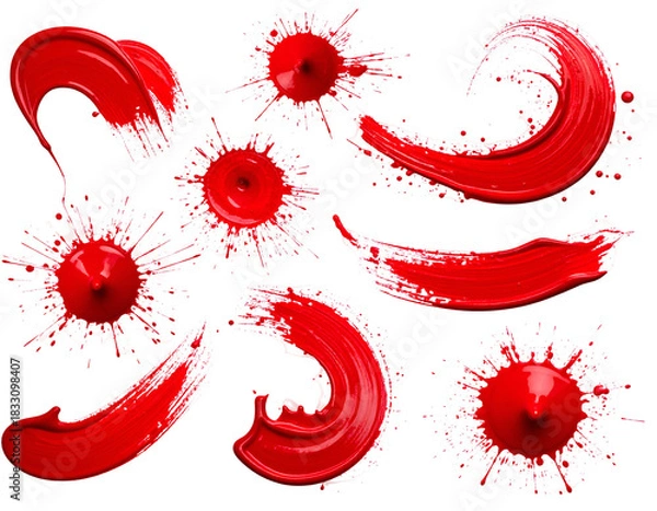 Fototapeta Dynamic collection of red paint splatters, strokes, and splashes