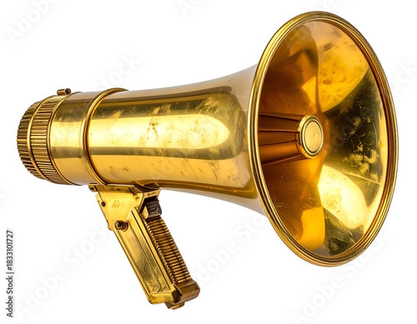 Fototapeta Metallic gold megaphone with a handle, isolated on black