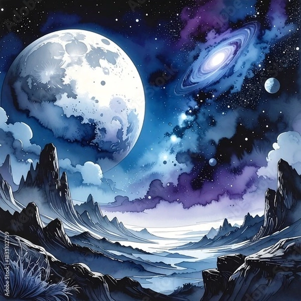 Obraz Dreamscape with large moon and galaxy overlooking mountains, painted in watercolor hues of blue, purple and white