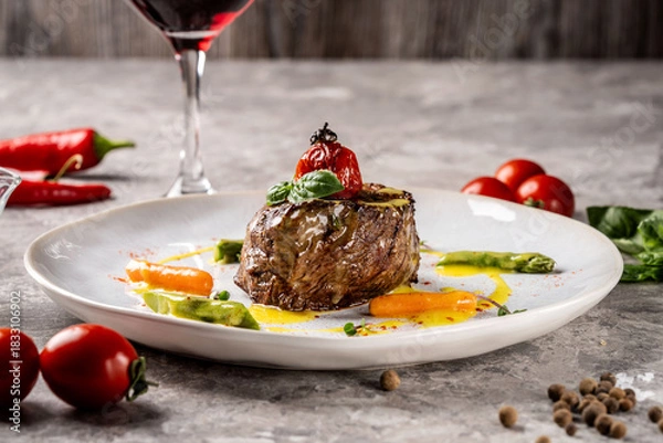 Obraz Gourmet beef steak with vegetables and sauce plating
