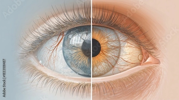 Obraz Conceptual medical illustration showing peripheral vision loss from glaucoma, split-screen healthy vs impaired vision, clean vector-style shading with realistic details