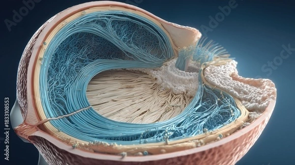 Obraz Highly detailed medical illustration of the human eye showing glaucoma pressure buildup, cutaway anatomy view, crisp linework, soft shading, realistic textures