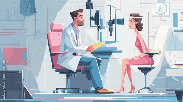 Obraz Stylized yet realistic illustration of a glaucoma eye exam, patient sitting at tonometry device, soft medical colors, clear lines, subtle textures