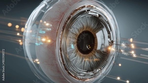 Obraz Hyper-detailed 3D model of increased intraocular pressure, translucent layers of the eye, glowing pressure indicators, medical CGI lighting