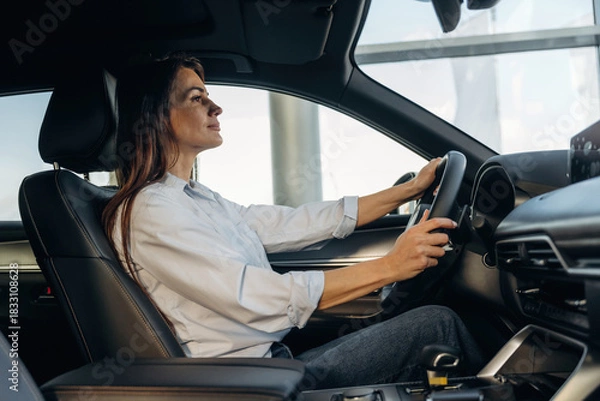Obraz Driving, comfortable seat. Woman is sitting in the modern car, happy new owner
