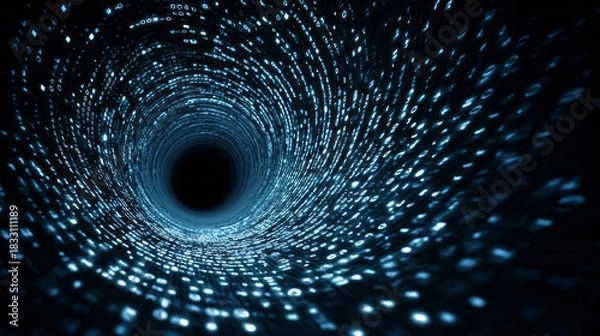 Fototapeta Illuminated binary code streams rush through a dark digital vortex toward a central point