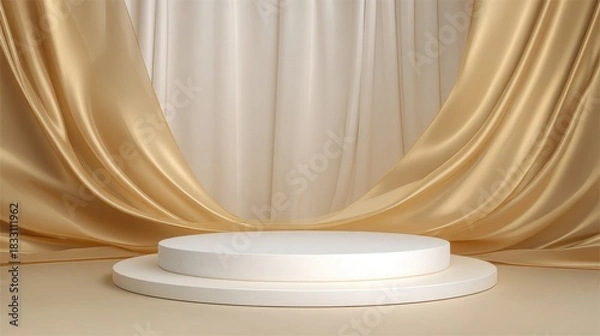 Obraz An elegant white stage platform with two tiers stands against luxurious drapery,
