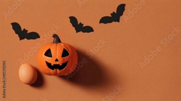 Obraz Halloween themed jack o lantern pumpkin with carved face, two black bats flying,