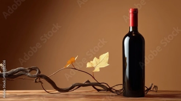 Obraz A bottle of red wine placed on a wooden table surrounded by autumn leaves and tree branches,