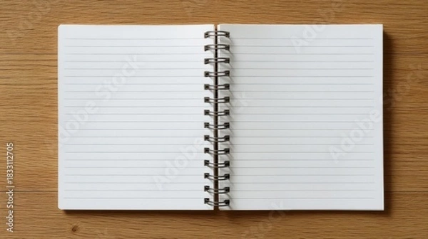Obraz An open notebook with blank pages rests on a wooden surface,