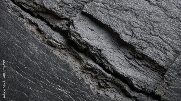Obraz Close-up of dark textured rock with rugged surface and visible striation patterns,