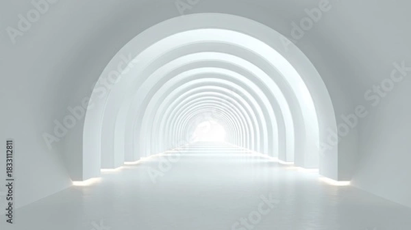 Obraz Ultra modern architectural space with concentric arches forming a tunnel corridor leading to bright light,