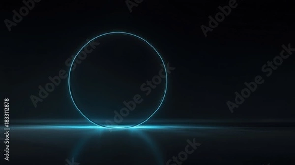 Obraz A glowing blue ring illuminated by a light source beneath it creates a futuristic and abstract visual effect with reflec