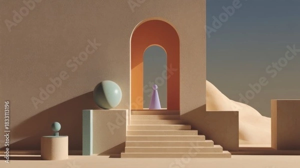 Obraz Abstract scene with geometric shapes in a desert landscape at dusk,