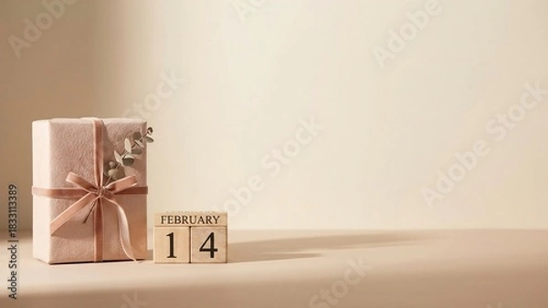 Obraz Elegant Valentine's Day gift with February 14th date, perfect for love, romance, and heartfelt celebrations on a soft neutral backdrop