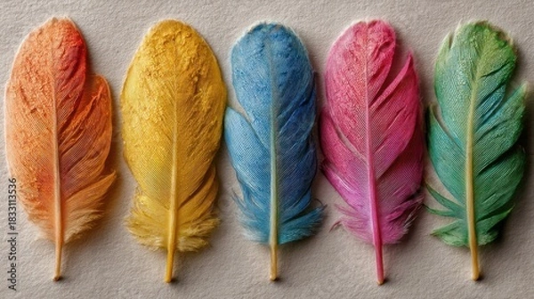 Obraz Five colorful feathers arranged side by side create a visually pleasing pattern. Orange, yellow, blue, pink,