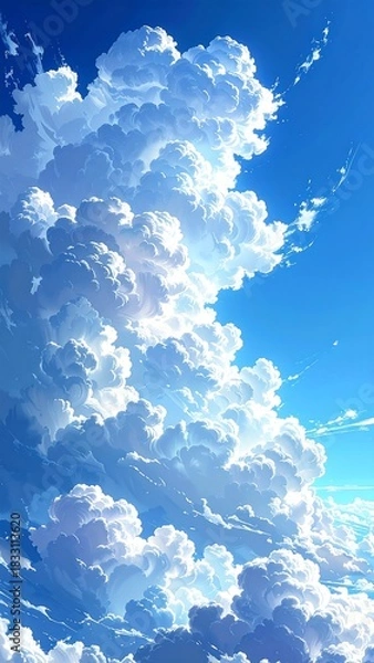 Obraz Dreamy blue sky filled with voluminous, fluffy cumulus clouds artfully rendered in an anime-inspired style
