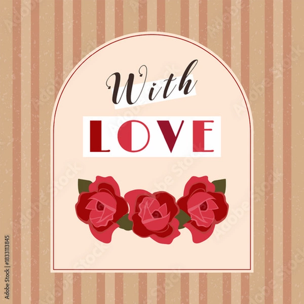 Fototapeta A trendy brown Valentine's Day card. Modern design with roses, stylish typography, and a grunge texture. Festive concept. Design template for advertising and covers.