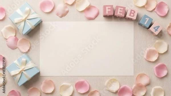 Obraz Elegant Valentine's Day flatlay with soft pastel petals and gifts for romantic designs or heartfelt messages, perfect for social media and print