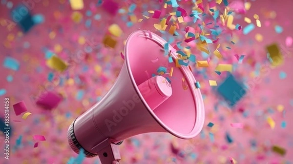 Obraz A pink megaphone surrounded by colorful confetti celebrates an announcement or event,