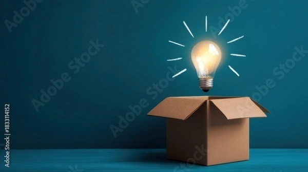 Obraz An open cardboard box with a glowing light bulb emerging,