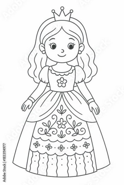 Fototapeta Children’s princess coloring page featuring a lovely princess with a crown, long dress and decorative patterns. Thin black line art with simple clear contours and many inner details for coloring. 