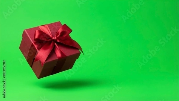 Obraz Elegant red gift with satin ribbon floating against a vibrant green background adds joy to any celebration project with space for your message