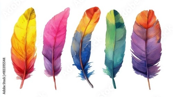 Obraz Five vibrant feathers showcase a spectrum of colors including yellow, red, purple, blue, orange brown with blue tips,
