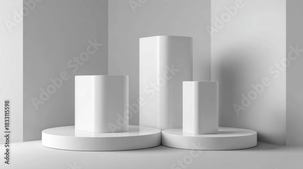 Obraz Three white rectangular prisms of varying heights stand on circular pedestals against a neutral backdrop,