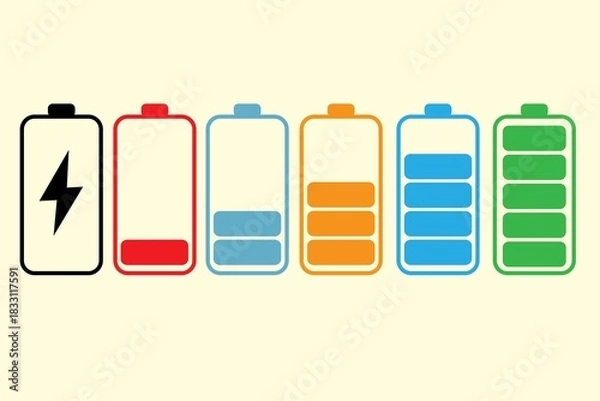 Obraz Set of colorful battery level icons displaying charging status from empty to full, featuring clean minimal vector design ideal for technology graphics, mobile interfaces, power management concepts