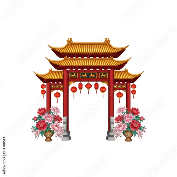 Fototapeta Traditional Chinese Gate with Golden Horse Decorations, Red Lantern Temple Illustration