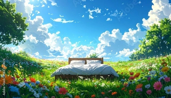Obraz Dreamy field with bed Bright sky, vibrant flowers, and soft, puffy clouds create a serene, fantasy-like scene