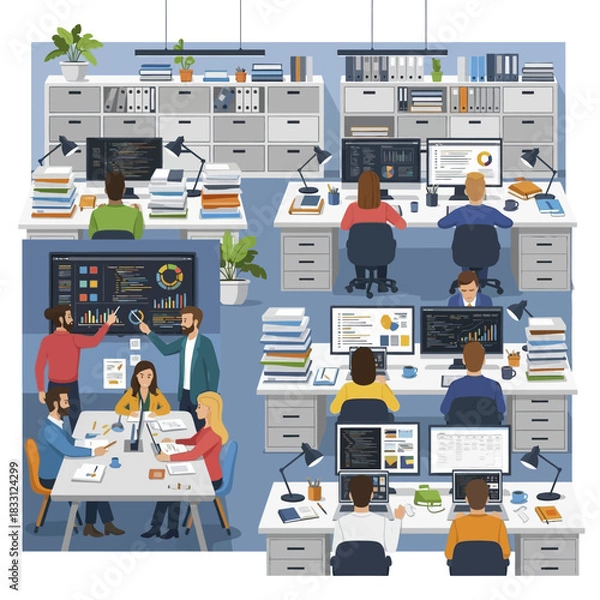 Fototapeta Diverse team collaborating in a modern office environment.