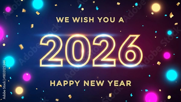 Fototapeta Neon 2026 New Year Celebration Graphic with Glowing 3D Numbers and Futuristic Lights