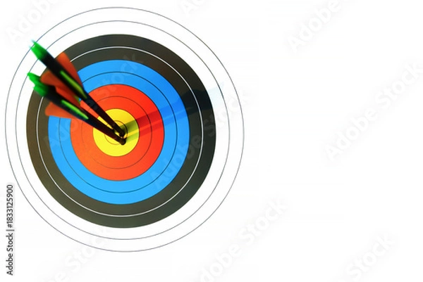 Fototapeta Close-up 3 Arrows ware shots in the center of crotch with copy space, Bow target in sunset light, Selective focus at center point, Background for Business target or Inspiration concept