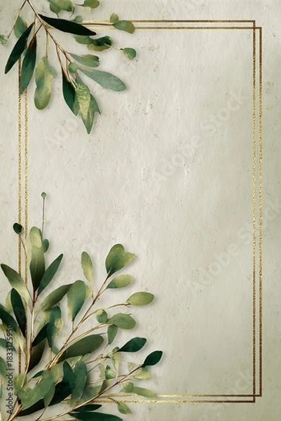 Obraz Elegant Floral Frame with Green Leaves and Gold Line Design on Textured Background