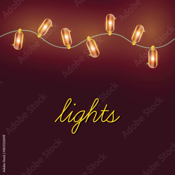 Fototapeta A string of warm golden Christmas lights glowing softly on a dark red background. Cozy and elegant seasonal artwork suitable for holiday advertising, invitations, and festive projects.