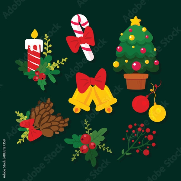 Fototapeta Set of dark-green panel of classic Christmas symbols — candy cane, candles, bells, tree and pinecone — arranged as a cozy holiday collection for cards and social posts.